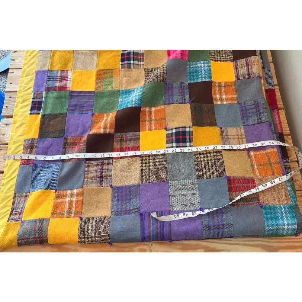 Vintage Handmade Wool Patchwork quilt Size 84x70 Yellow Sf
